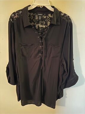 Torrid Black Lace-Shoulder Lace-Up Blouse, 2X-3X